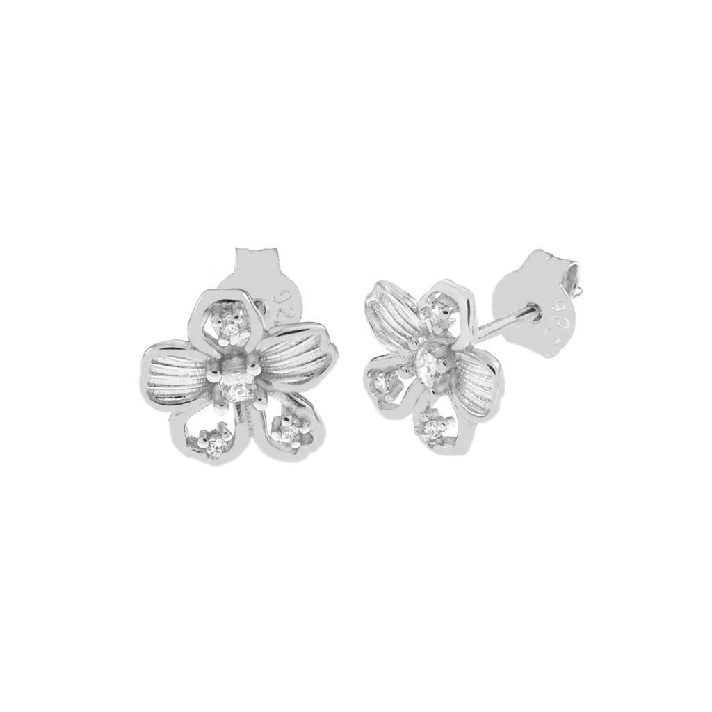 Sterling Silver Flower CZ Stud Earrings Diameter-9mm