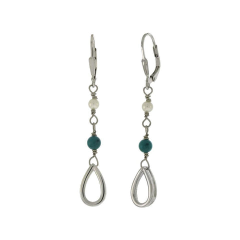 Sterling Silver Fresh Water Pearl and Turquoise Bead With Lever-Back - Teardrop Earrings