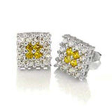Sterling Silver Square Earrings with Hand Set Clear Cz and Yellow Cz in the CenterAnd Earring Width of 12MM