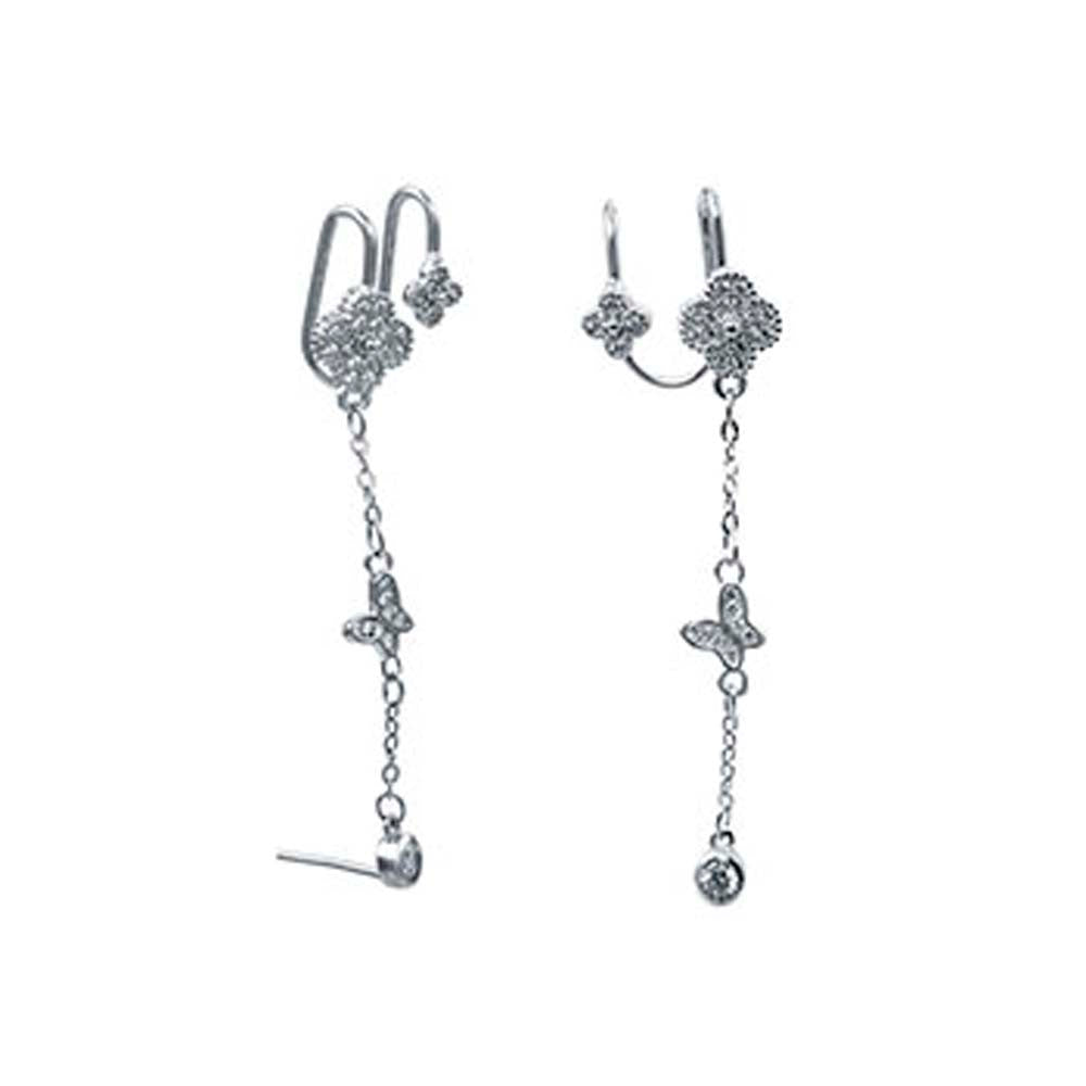 Sterling Silver Fancy Clear Cz Butterfly and Flower Ear Cuff Earrings with Earring Length of 41.28MM