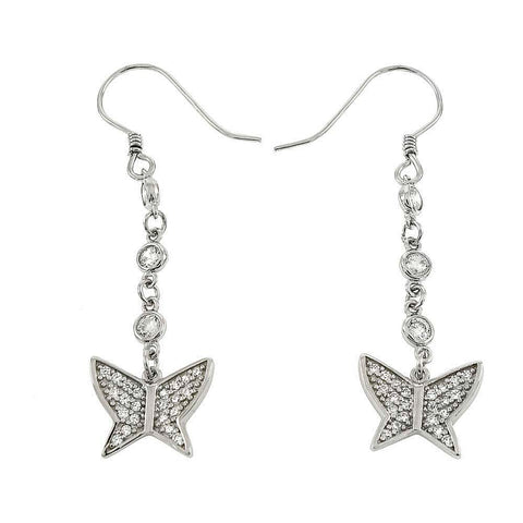 Sterling Silver Butterfly Dangle Shaped Earrings With Clear CZ