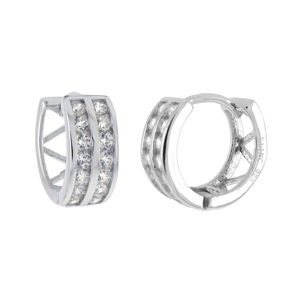 Sterling Silver Two Line Cubic Zirconia Huggie Hoop Earrings