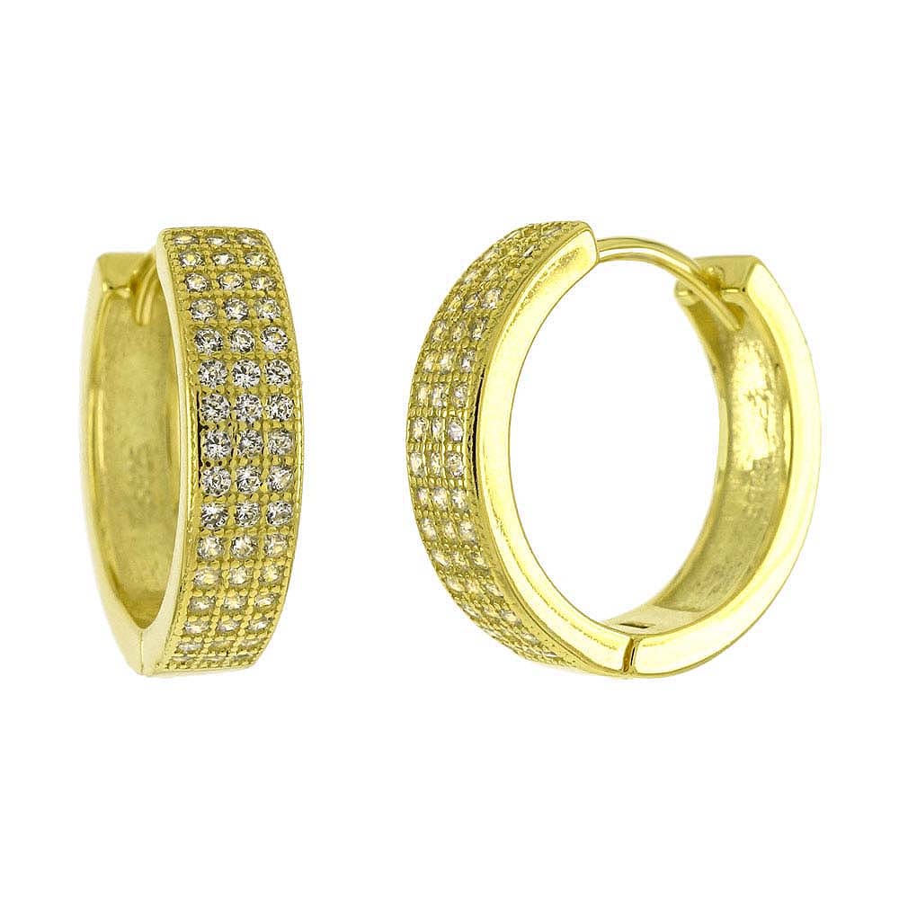 Sterling Silver Gold Plated Three Lines Huggie Hoop Earrings With Clear CZ