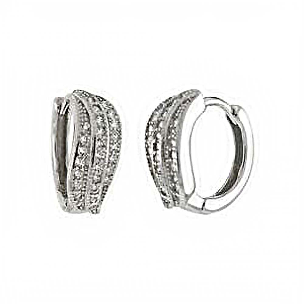 Sterling Silver Leaf Huggie Hoop Earrings With Pave Cubic Zirconia