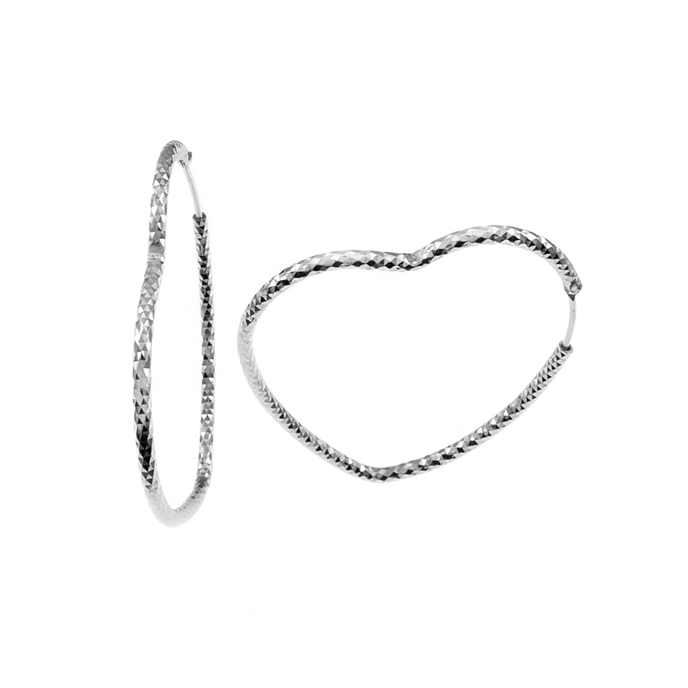 Sterling Silver Rhodium Heart Shape Diamond Cut Hoop Earrings Width-1.8mm, Diameter-38mm