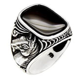 Sterling Silver Black Onyx With Horse-Head Oxidized Ring