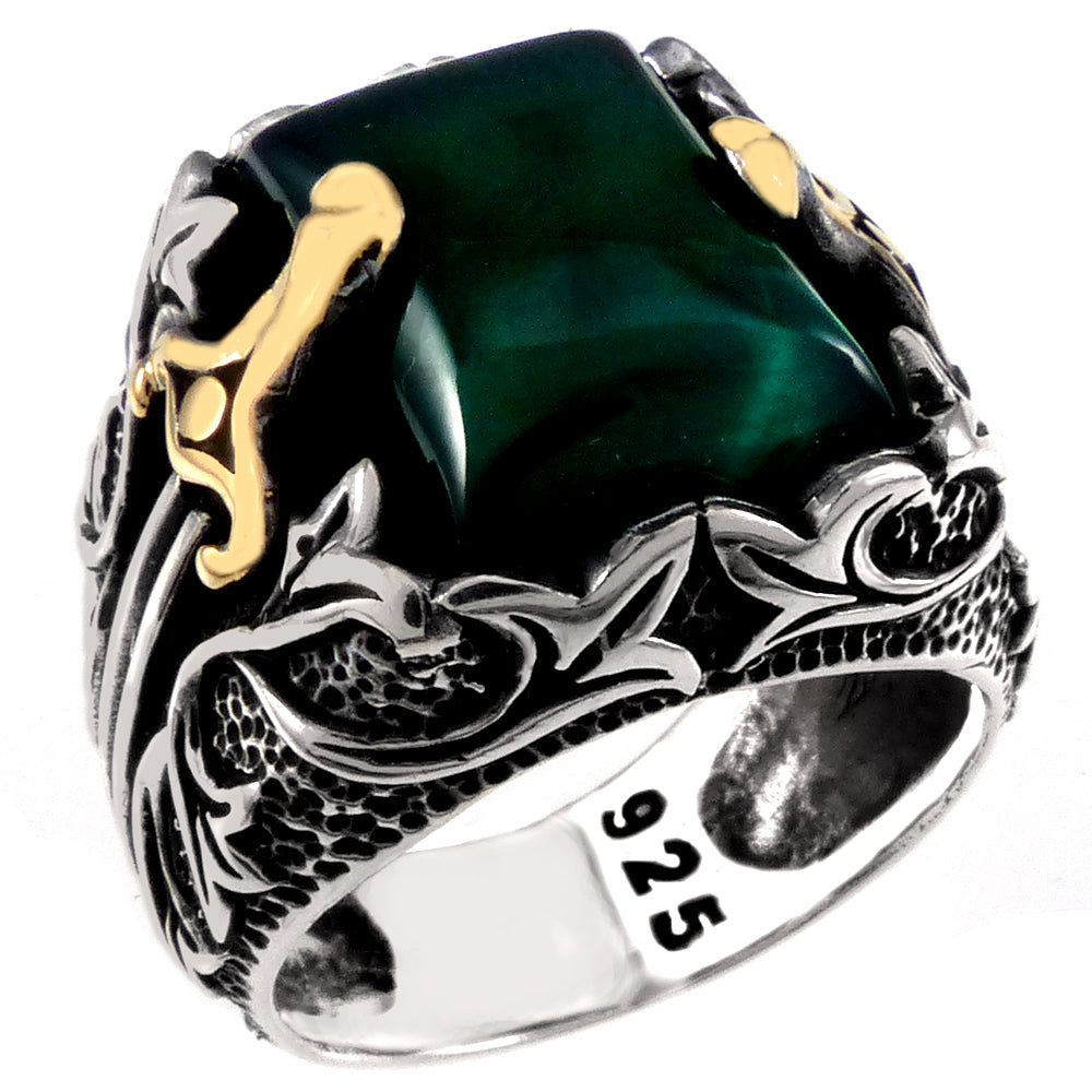 Sterling Silver Green Agate Oxidized Sword Ring Weight-15.2gram, Width-16.5mm, Height-19.5mm