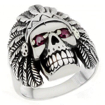 Sterling Silver Skull with Indian Headdress Oxidized Ring
