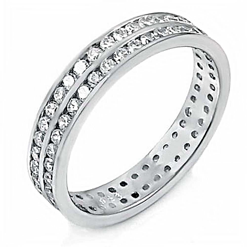 Sterling Silver Stylish Eternity Ring with Double Lines Round CzAnd Ring Width of 4MM
