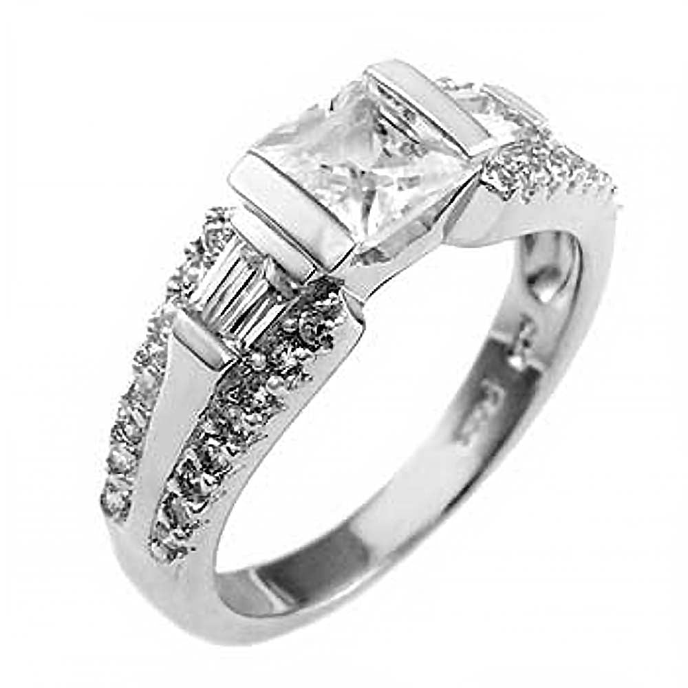 Sterling Silver Ladies Ring with Channel Set Princess Cut CzAnd Ring Width of 6MM