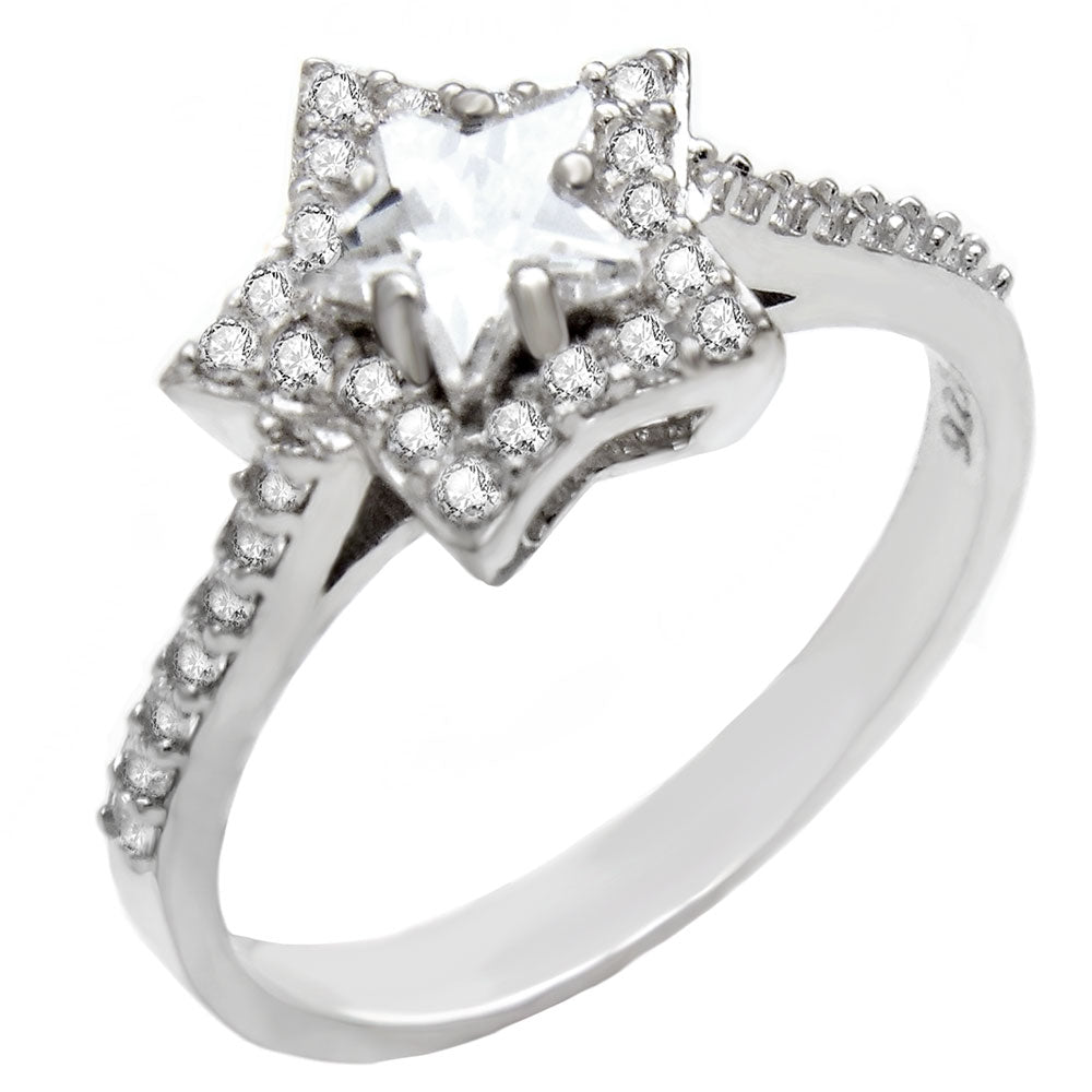Sterling Silver Star Shpe Halo CZ Engagement Ring Width-11.8mm, Height-10.4mm