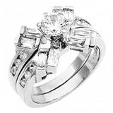 Sterling Silver Baguette and Round Cz Wedding Ring Set with a Prong Set Cz in the Middle