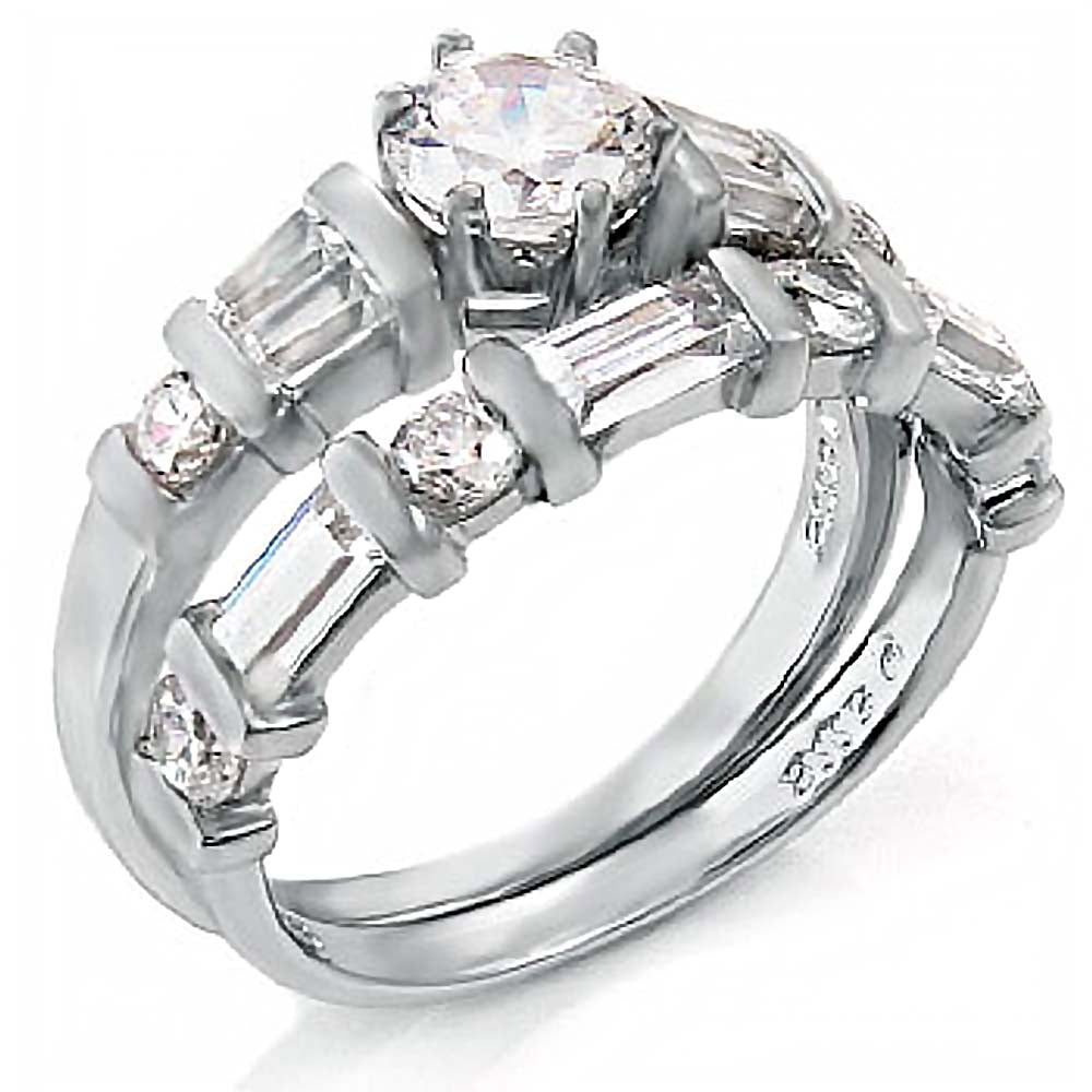 Sterling Silver Round-Baguette-Trapezium Ring Set with a Prong Set Cz in the CenterAnd Ring Width of 9MM