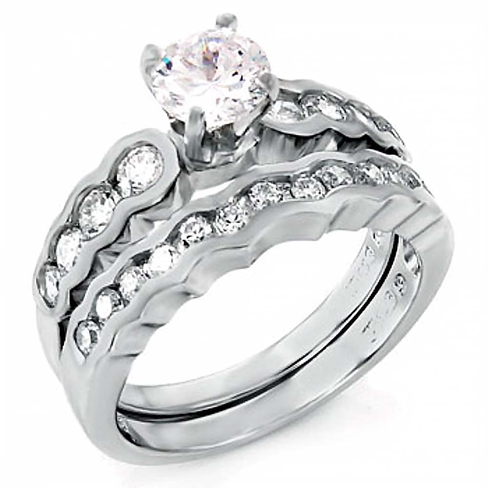 Sterling Silver Round Cz Wedding Ring Set with a 6MM Round Cut Cz in the CenterAnd Ring Width of 9MM