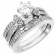 Load image into Gallery viewer, Sterling Silver Round Cz Wedding Ring Set with a Prong Set Cz in the CenterAnd Ring Width of 9MM