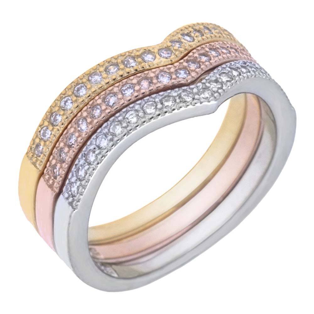 Sterling Silver Tri-Color Stackable Cz Ring Set with Ring Width of 7MM