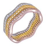 Sterling Silver Tri-Color Stackable Cz Bended Ring Set with Ring Width of 6MM