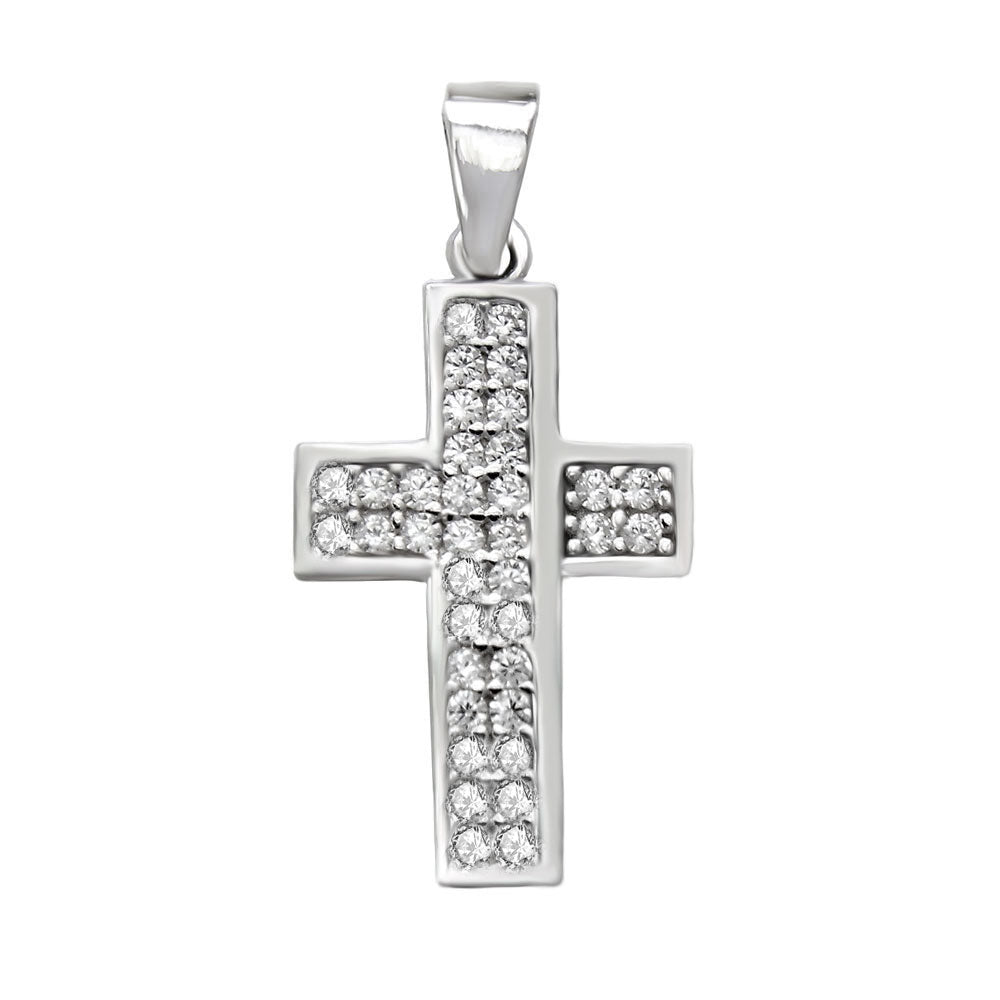 Sterling Silver Pave CZ Cross Pendant Width-13mm, Height-1inch