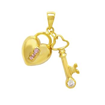 Sterling Silver Gold Plated Cubic Zirconia CZ Key And Heart Pendant