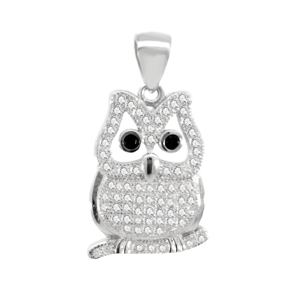Sterling Silver Pave CZ Owl Pendant Width-14.3mm, Height-1inch