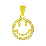 Sterling Silver Gold Plated Emoji Happy Face CZ Pendant Height-7/8inch, Diameter-12.5mm