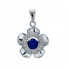 Load image into Gallery viewer, Sterling Silver Clear Cz Flower Pendant with Blue Sapphire Cz in the CenterAnd Pendant Dimensions of 14MMx19.05MM