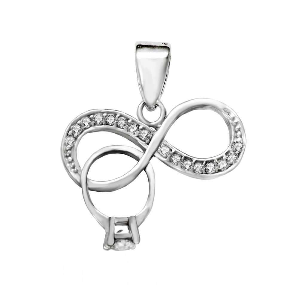 Sterling Silver Rhodium Infinity Solitaire Ring CZ Pendant Width-19mm, Height-7/8inch