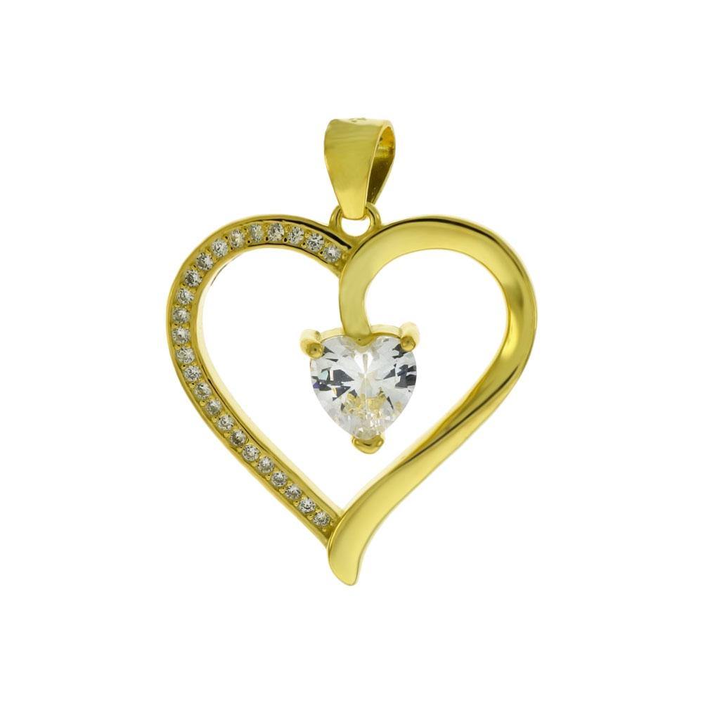 Sterling Silver 6mm Heart Cubic Zirconia CZ Gold Plated Pendant - silverdepot