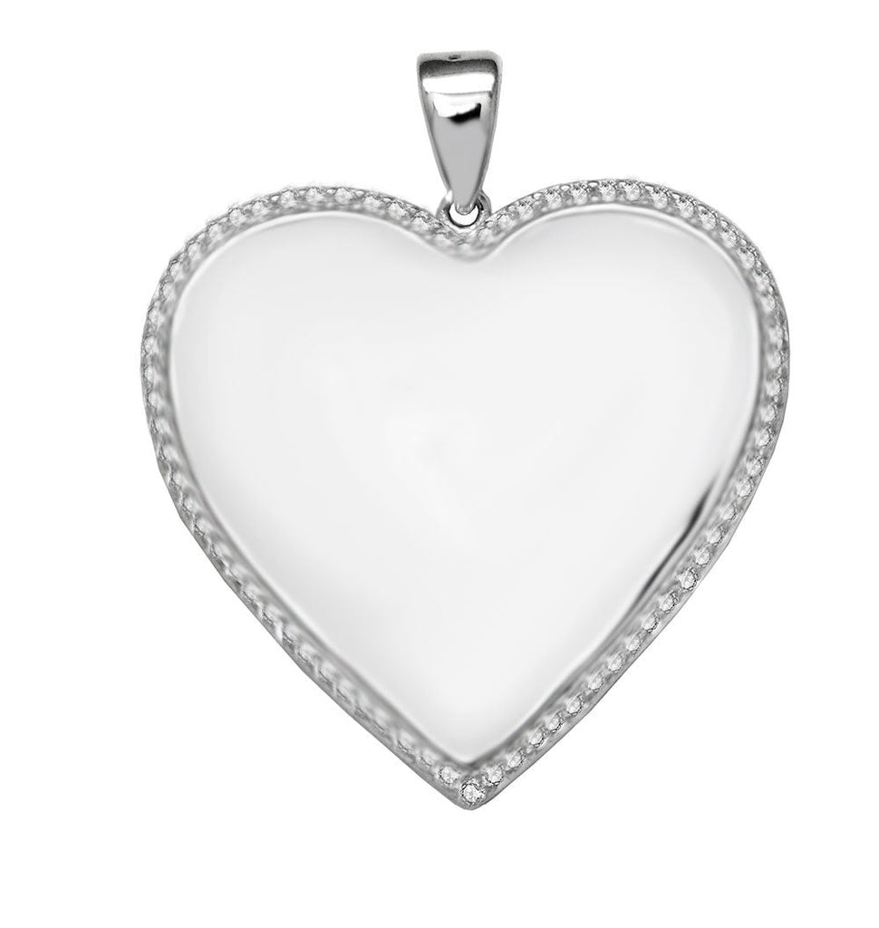 Sterling Silver Rhodium CZ Engravable Heart Pendant Width-28.5mm, Height-1 3/8inch
