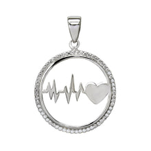 Load image into Gallery viewer, Sterling Silver Rhodium Plated Pave CZ Circle Heartbeat Pendant