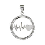 Sterling Silver Rhodium Plated Pave CZ Circle Heartbeat Pendant