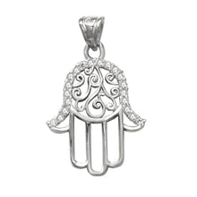 Load image into Gallery viewer, Sterling Silver Evil Eue Hamsa Hand CZ Pendant Width-16.8mm, Height-1 1/4inch