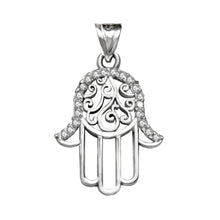 Load image into Gallery viewer, Sterling Silver Hamsa Hand CZ Rhodium Pendant Width-18.8mm, Height-1 2/8inch
