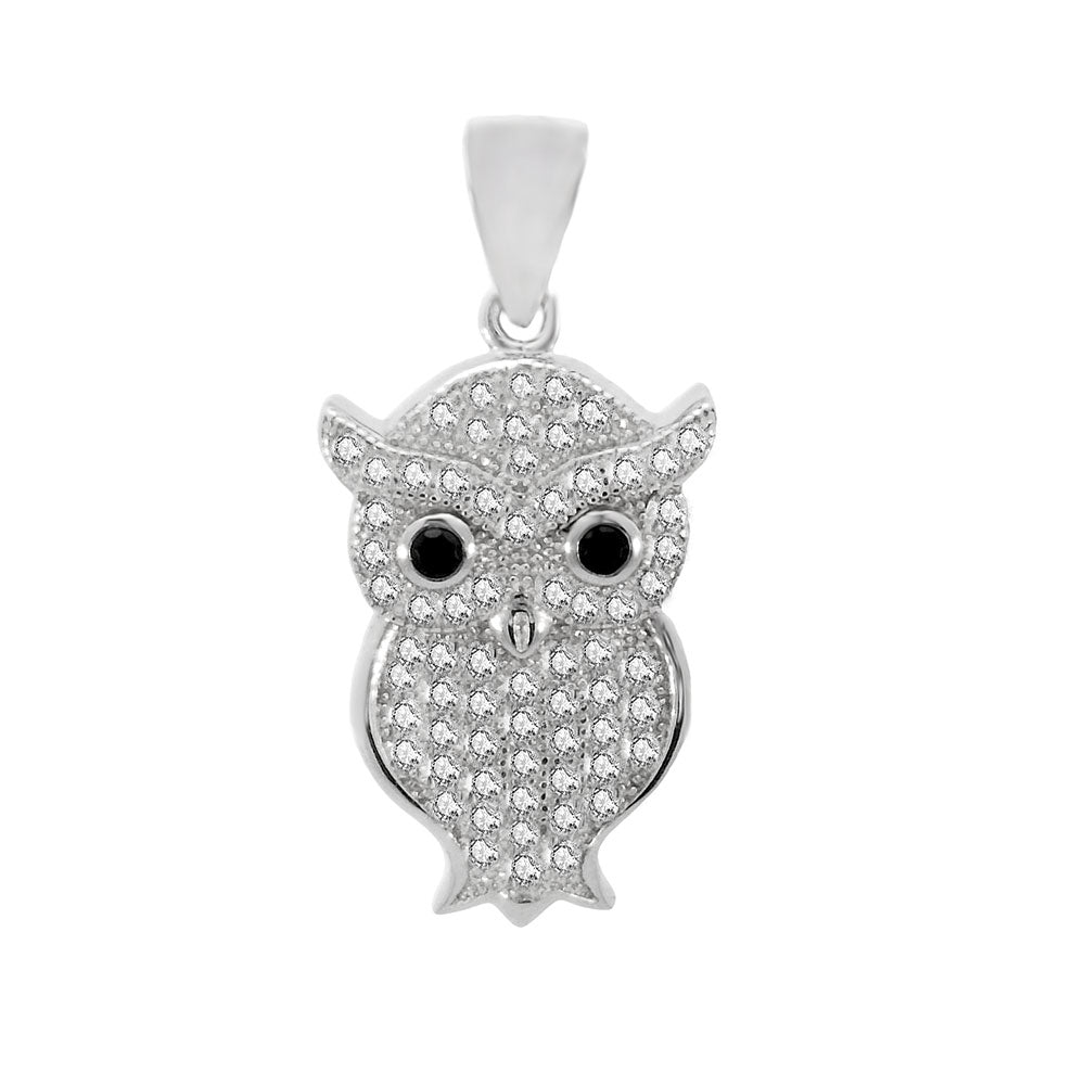 Sterling Silver Pave Cubic Zirconia Owl Pendant Width-13.3mm, Height-1inch
