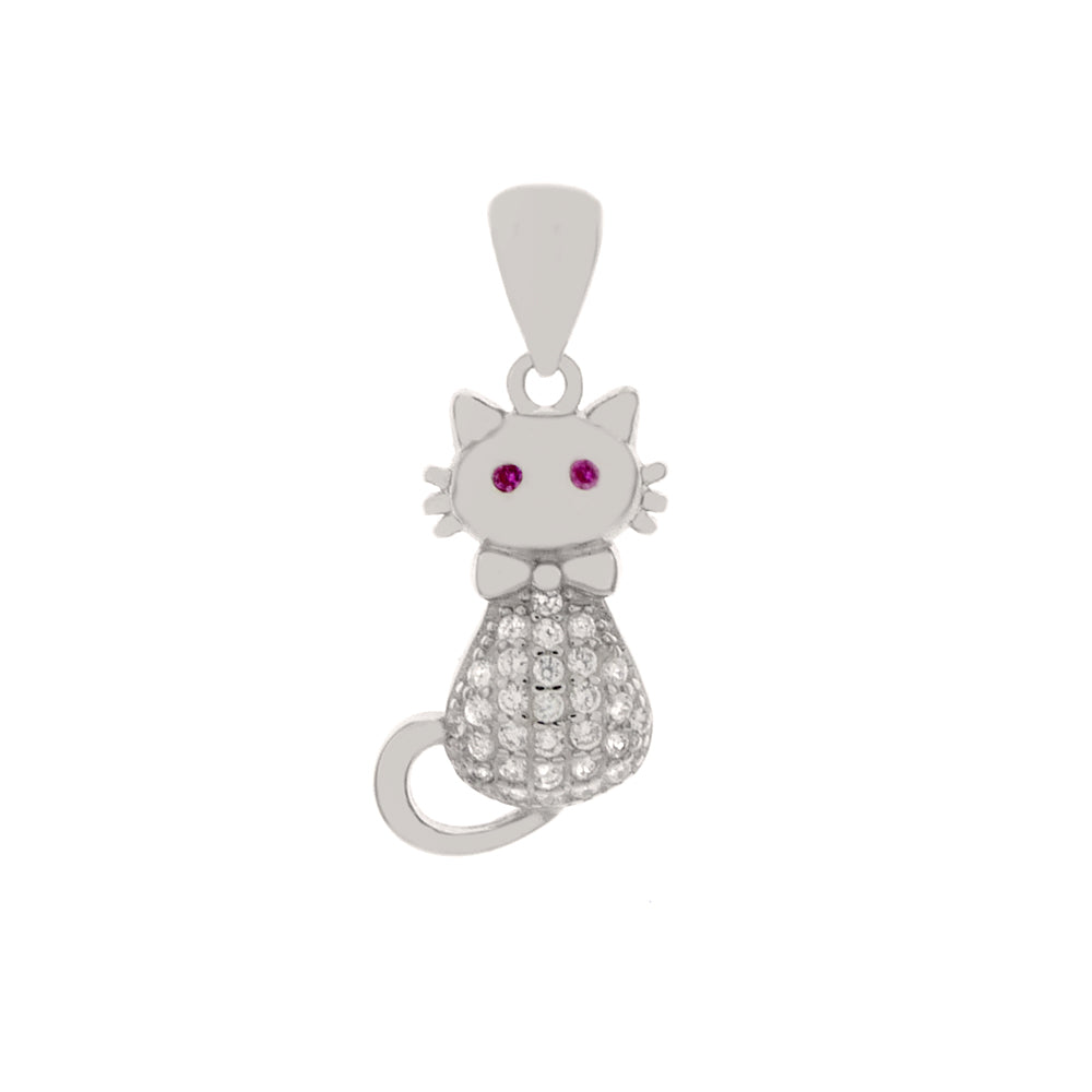 Sterling Silver CZ Cat Pendant Width-10.2mm, Height-1inch
