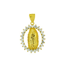 Load image into Gallery viewer, Sterling Silver Gold Plated Lady Of Guadalupe With Cubic Zirconia Pendant Width-18.4mm, Height-1 1/8inch