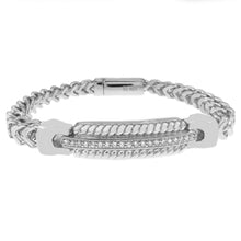 Load image into Gallery viewer, Sterling Silver Rhodium Hollow Franco With Fancy CZ Bar Bracelet Width-6.5mm, Length-8inch