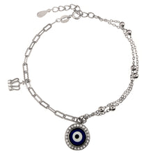 Load image into Gallery viewer, Sterling Silver Rhodium Evil Eye Charm Bracelet Length-7+1inch