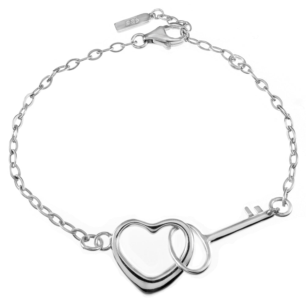Sterling Silver Rhodium Plated Key Heart Bracelet
