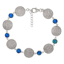 Load image into Gallery viewer, Sterling Silver Simulated Blue Opal and Aztec Calendar Bracelet