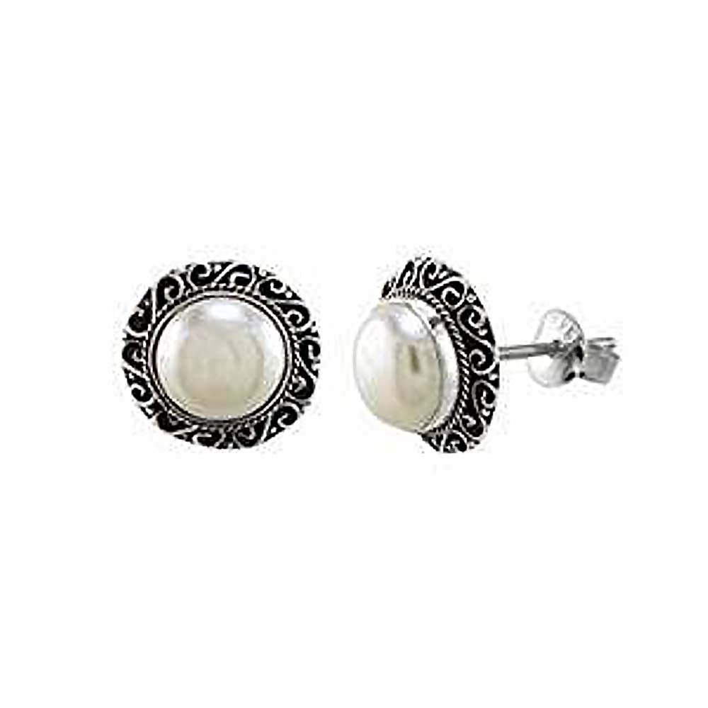 Sterling Silver Round Shaped Mabe Pearl Oxidized Earrings
