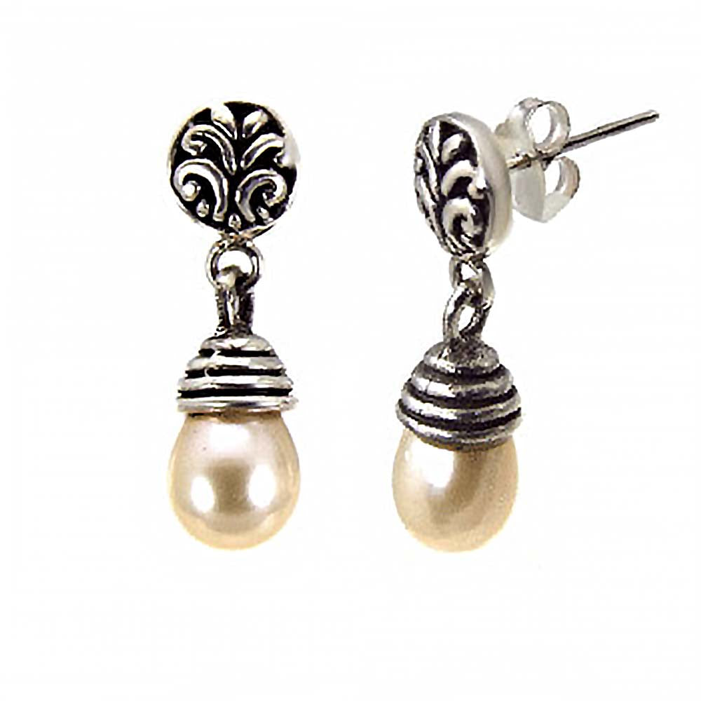 Sterling Silver Bali Fresh Water Pearl Oxidized Earrings