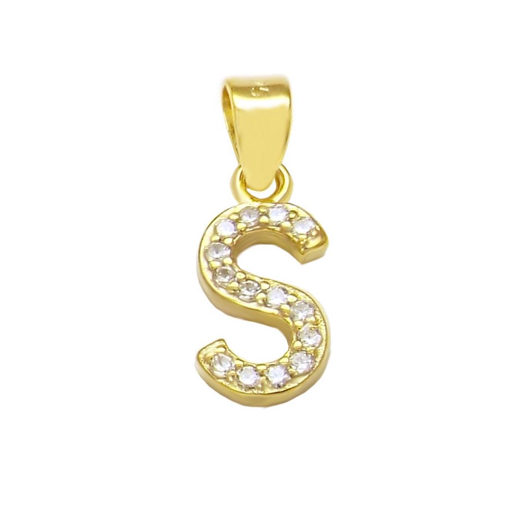 Sterling Silver Small Initial 'S' CZ Gold Plated Pendant