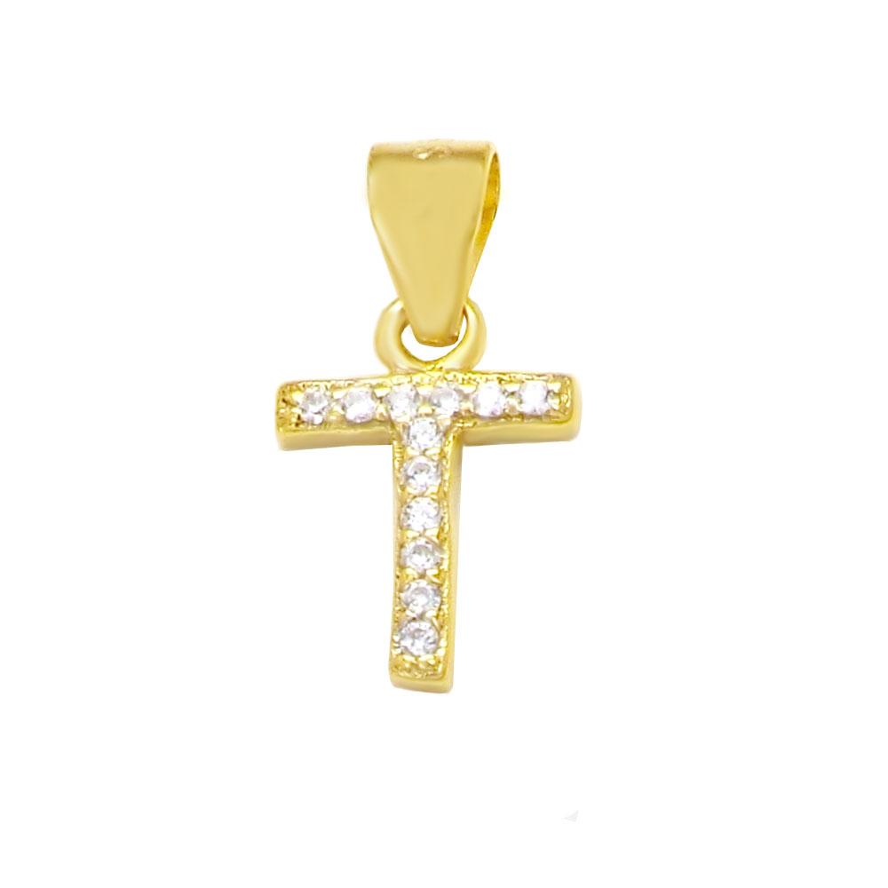 Sterling Silver Small Initial 'T' CZ Gold Plated Pendant