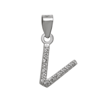 Load image into Gallery viewer, Sterling Silver Small Initial &quot;V&quot; CZ Rhodium Pendant