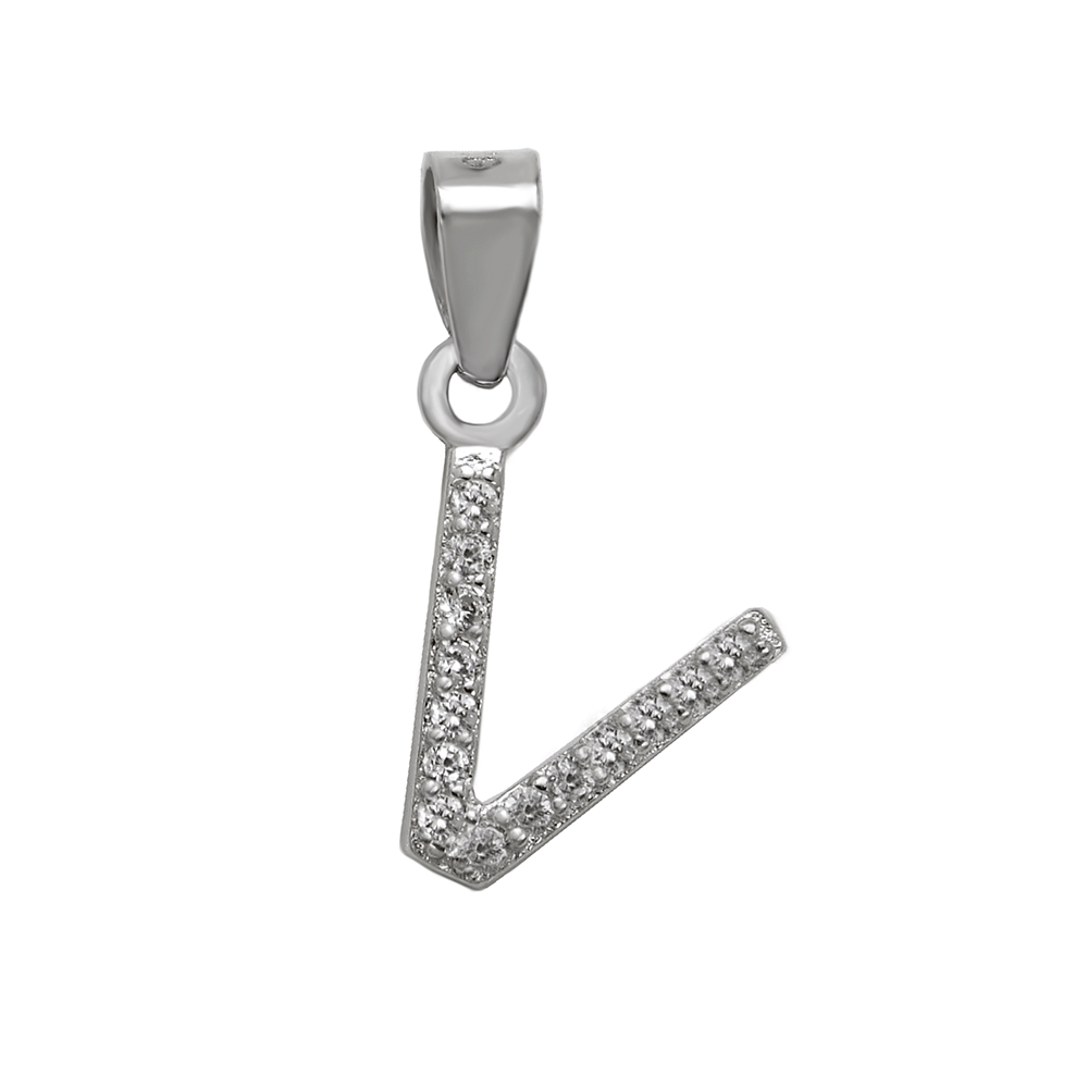 Sterling Silver Small Initial "V" CZ Rhodium Pendant