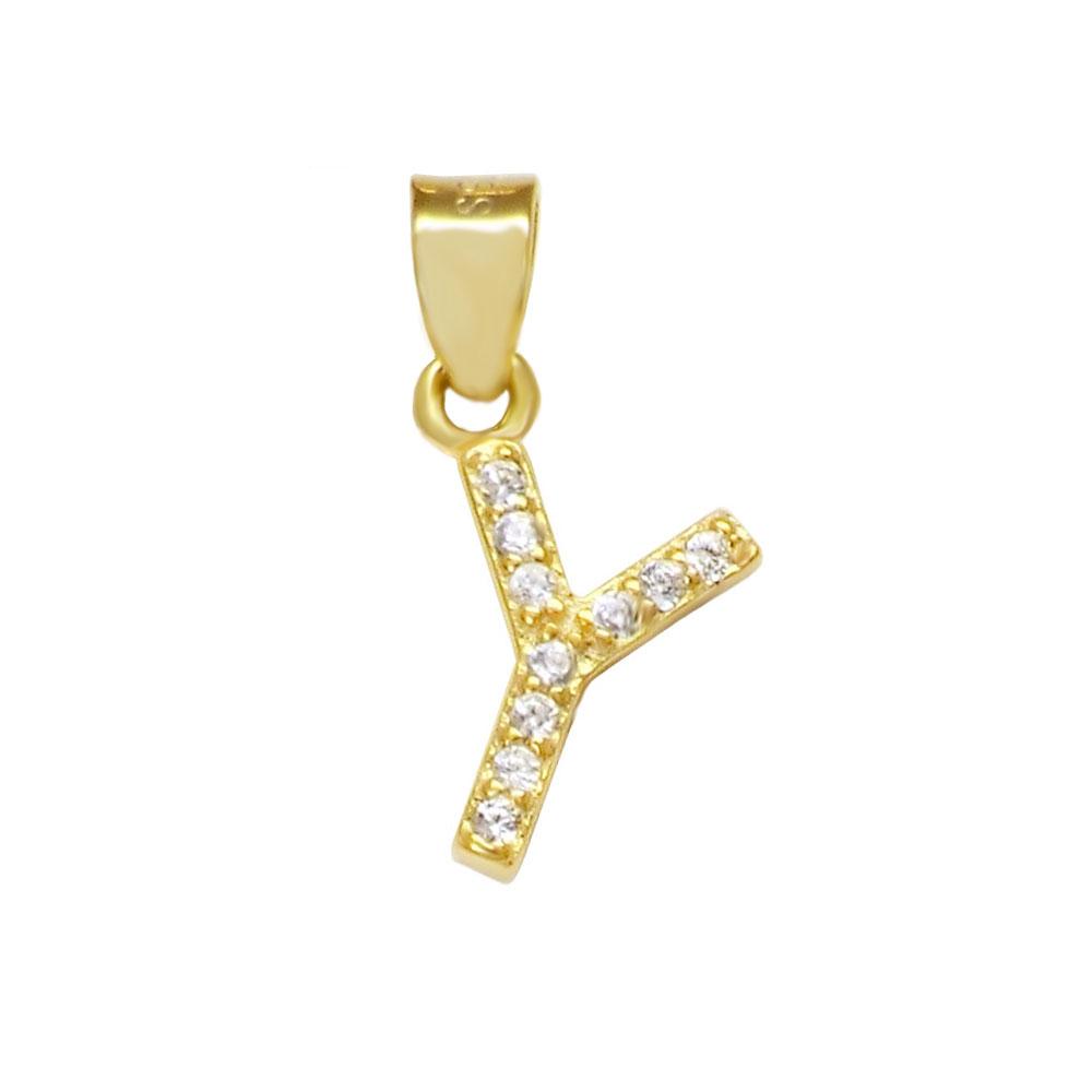Sterling Silver Small Initial 'Y' CZ Gold Plated Pendant