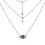 Sterling Silver Micro Pave CZ Evil Eye With Layered Rolo Chain Necklace