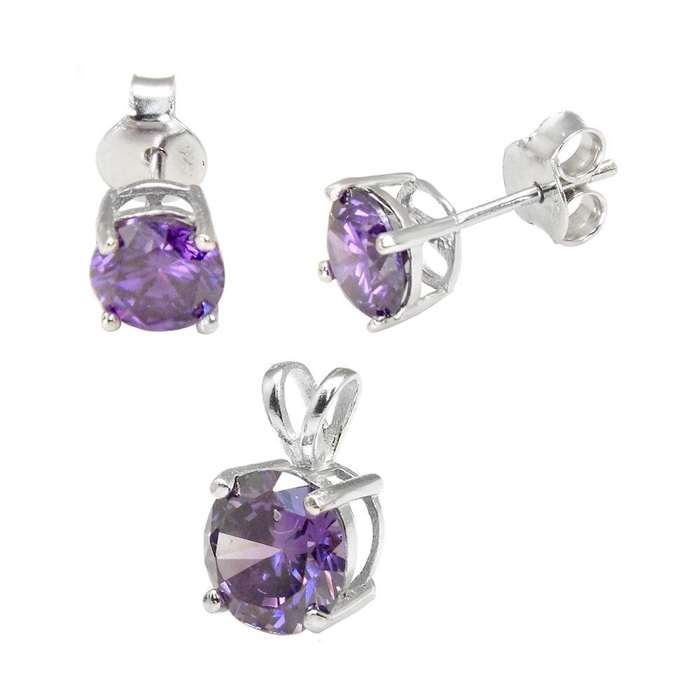 Sterling Silver Round Amethyst CZ Earrings And Pendant Set