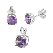 Load image into Gallery viewer, Sterling Silver Round Amethyst CZ Earrings And Pendant Set